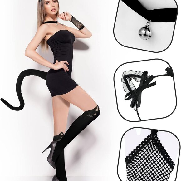 Black Cat Costume Set for Women Includes Masquerade Mask Cat Socks Lace Ears Cho - Picture 6 of 7